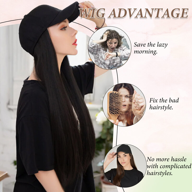 Długa prosta czapka bejsbolówka z przedłużaniem włosów 24 Cal wysokiej jakości czapka z peruką z włókien syntetycznych dla kobiet dziewcząt