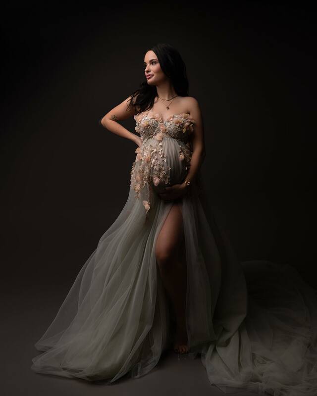 Vestido de maternidad de tul para sesión de fotos, apliques verdes menta, flores 3D, hombros descubiertos, vestidos de embarazo para Baby Shower, n. ° 18232