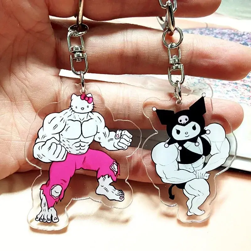 Sanrioed Keychain Muscular Anime Hello Kitty Cinnamoroll Kuromi Funny Shape Keychains Girl Kawaii Backpack Pendant Gift