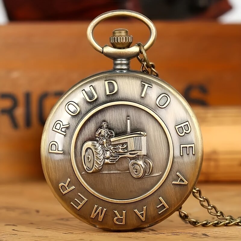 Retro Bronze "Proud To Be A Farmer" Design Quartz Pocket Watch
