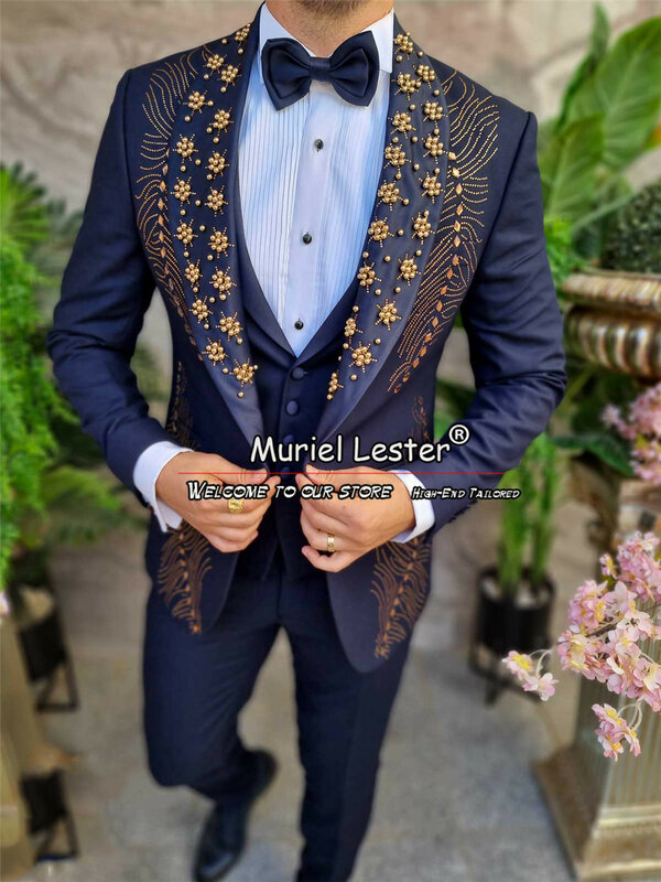 Marineblau Hochzeits anzüge für Männer goldene Perlen Jacke Weste Hosen 3 Stück formelle Bräutigam Smoking maßge schneiderte Business-Party-Kleid
