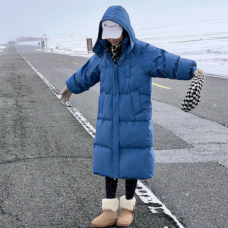 2023 koreanische Jacke Frauen Winter x-lange Parkas feste Kapuze verdicken warme weibliche Schnee tragen Mantel gepolsterte lose Kleidung