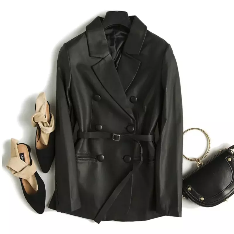 Real Asli Kulit Mantel Kulit Mantel Wanita Kulit Jaket Kulit Domba Mantel Musim Semi Musim Gugur Pakaian Slim-Fit Belt Jaket PY24