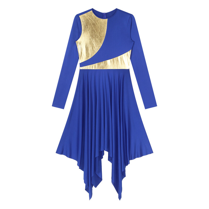 여성용 금속 컬러 블록 예배 찬양 발레 댄스 원피스, 긴 소매 불규칙한 밑단 드레스, 교회 합창단 예배 코스튬