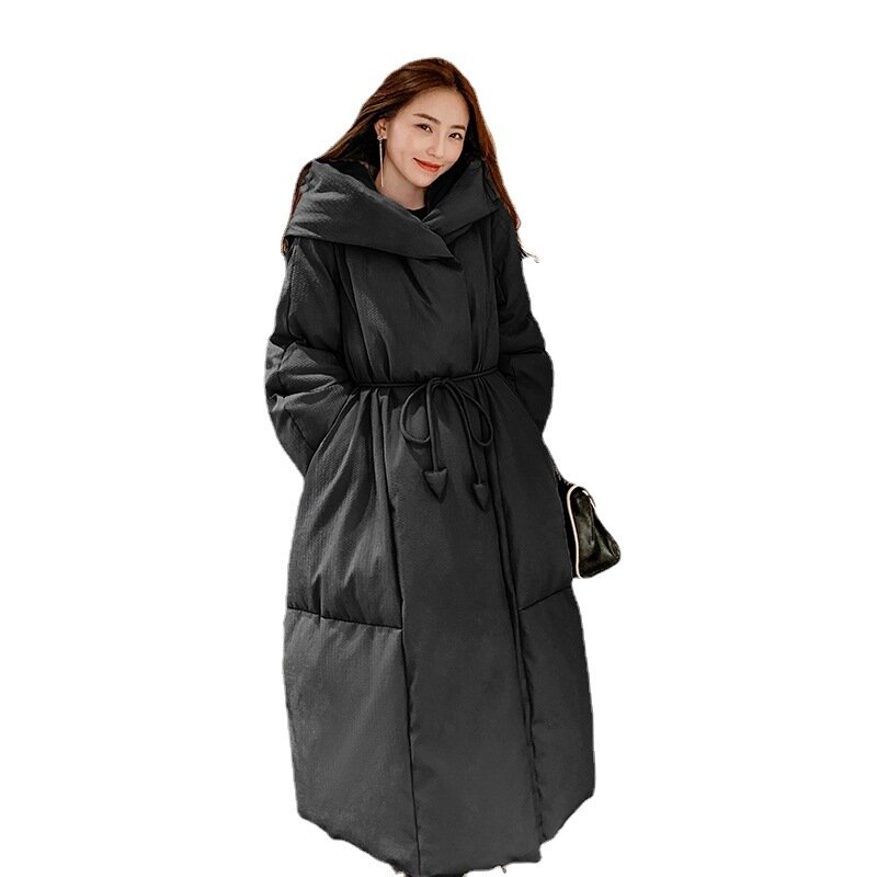 Winter Fleece-Lined Thick Style 90 White Duck down Jacket Women's Extended over-the-Knee Fashion Loose Cotton Padded Jacket