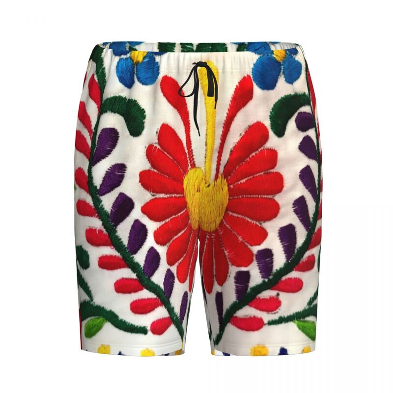 Flores mexicanas bordadas pijama shorts masculinos, pijamas com impressão personalizada do sono, bottoms sleepwear com bolsos