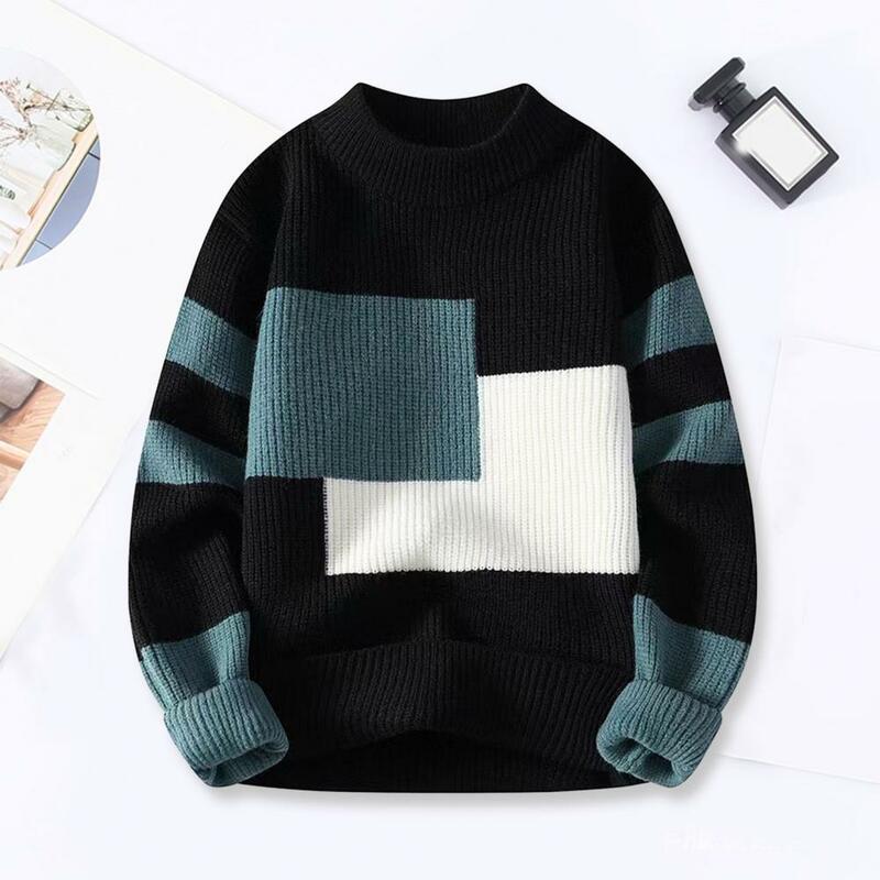 Color Block Sweater Round Neck Sweater Colorblock Knitted Men's Sweater Thick Warm O Neck Pullover for Fall/winter Soft Elastic