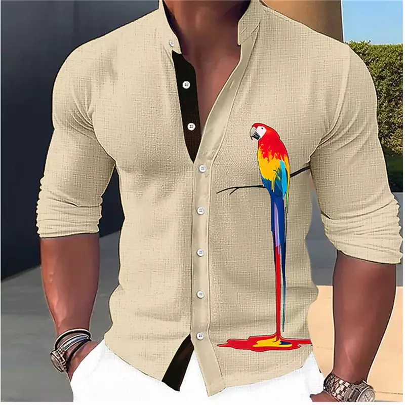New Fashion Men's High Definition Parrot Print Long Sleeve Solid Color Shirt Design Simple Soft and Comfortable Fabric Men's Top
