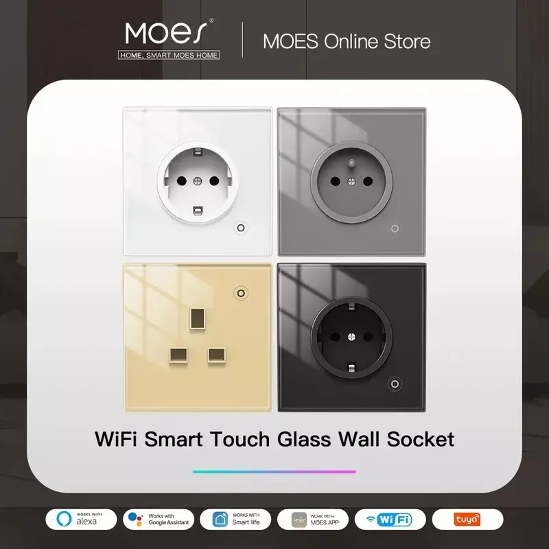 WiFi Tuya Smart Wall Socket Glass Panel Outlet Power Monitor Touch Plug Relay Status Light Mode Adjustable Smart Life App Alexa