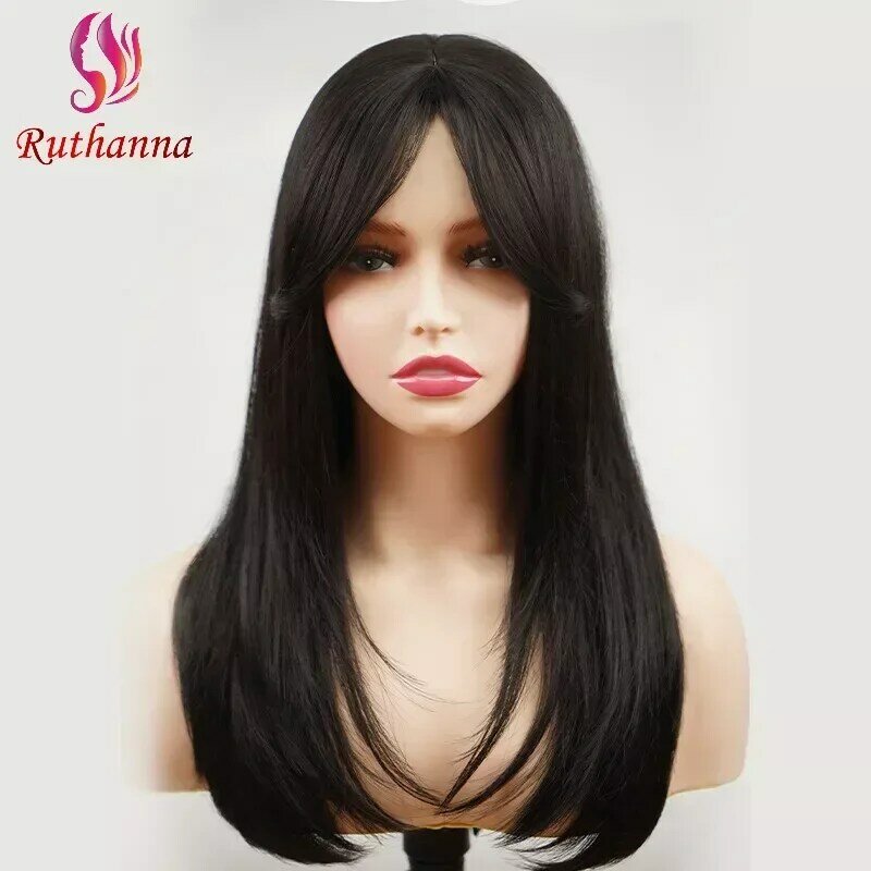 Koreańska wersja Bob jedwabista prosta syntetyczne długie peruka dla kobiet 22 Cal azja naturalne czarne powietrze grzywka włókno termoodporne peruka
