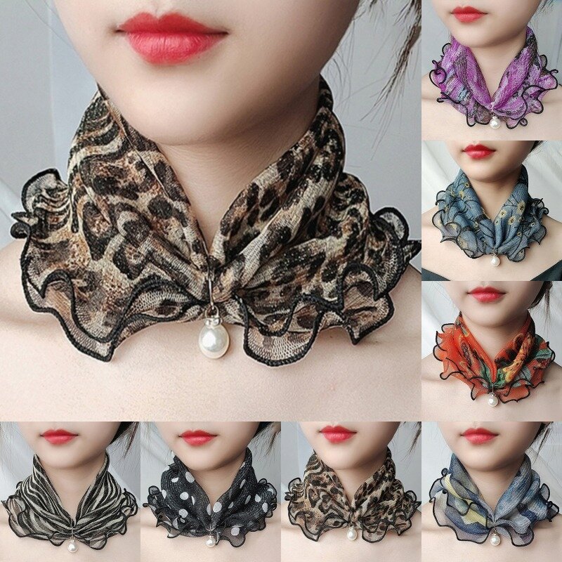 Collar de gasa con colgante de perlas falsas para mujer, bufanda creativa con variedad de encaje a la moda, accesorios de ropa