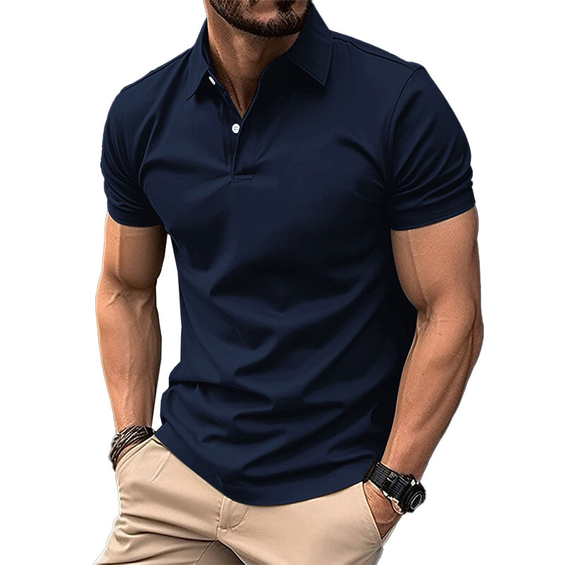 Fashoin blus olahraga pria, atasan kaus kantor bernapas kancing berkerah lengan pendek musim panas