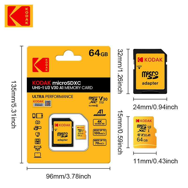 Kodak-tarjeta de memoria Micro SD V30 U3, de alta velocidad de 100 MB/s tarjeta TF, 32GB, Clase 10, UHS-I, 64GB, 128GB, 256G, para cámara y teléfono inteligente