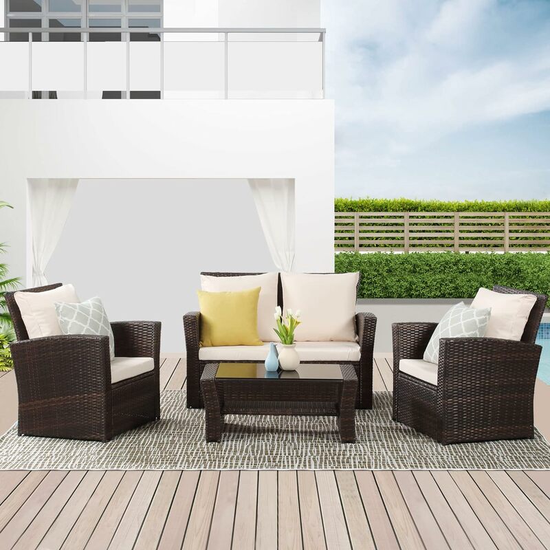 4 Piece Outdoor Patio Furniture Sets, Wicker Conversation Set for Porch Deck, Brown Rattan Sofa Chair with Cushion