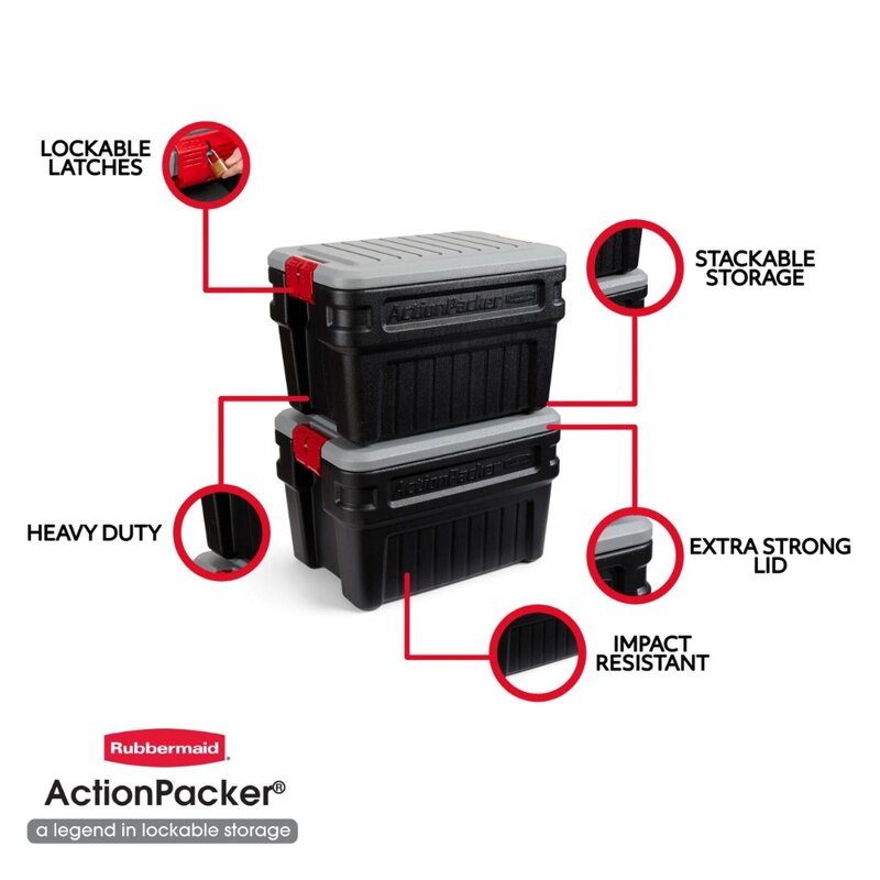 Cestino portaoggetti ActionPacker da 24 galloni, resistente, chiudibile a chiave, nero, coperchio incluso
