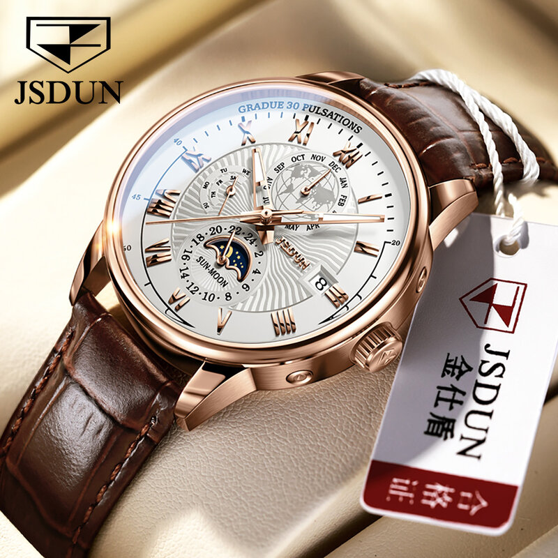 JSDUN jam tangan mekanis pria, merek unggulan, mewah, jam tangan bisnis untuk pria, tali kulit bercahaya, tahan air, jam tangan Moonswatch 8909