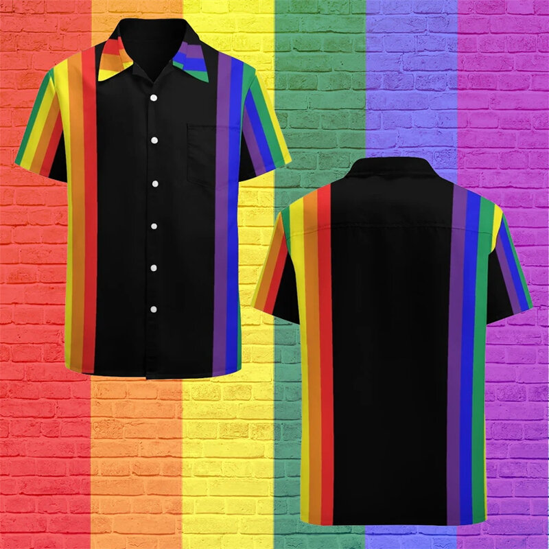 Camisa havaiana com estampa 3D arco-íris masculina, manga curta, camisas de praia Harajuku, blusa de botões de lapela, roupas masculinas