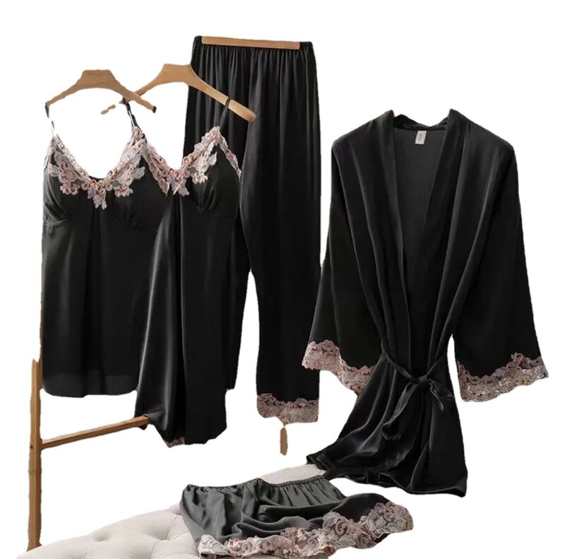 Пижама женская весенне-летняя, пикантный комплект из пяти предметов, толстая юбка телесного цвета с накладками на груди, для улицы, домашняя одежда