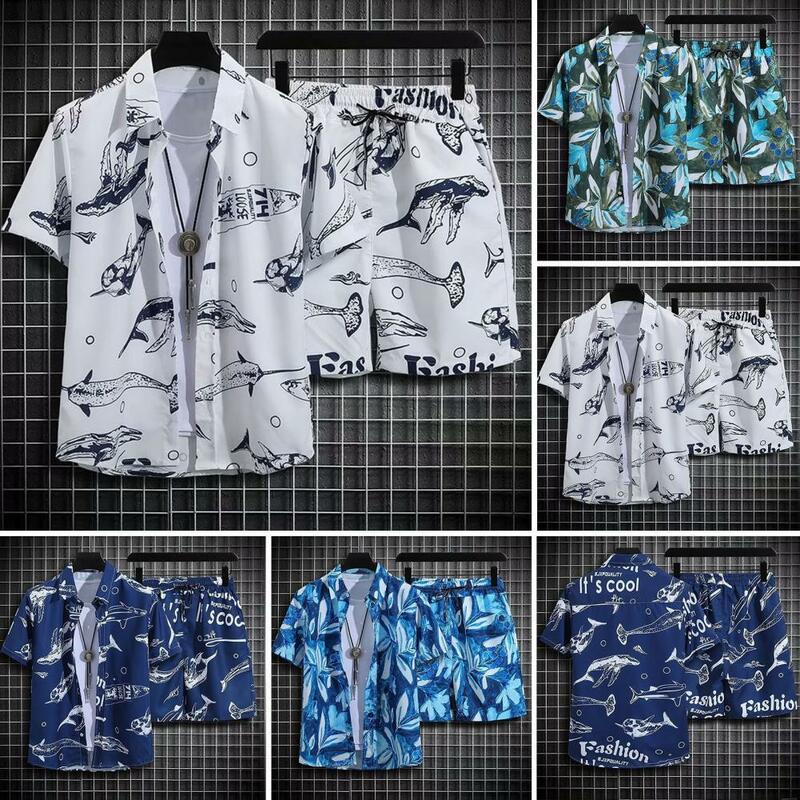 طقم ملابس على طراز هاواي للرجال ، قميص منقوش ، شورت برباط مرن ، ملابس شاطئ ، طقم 2