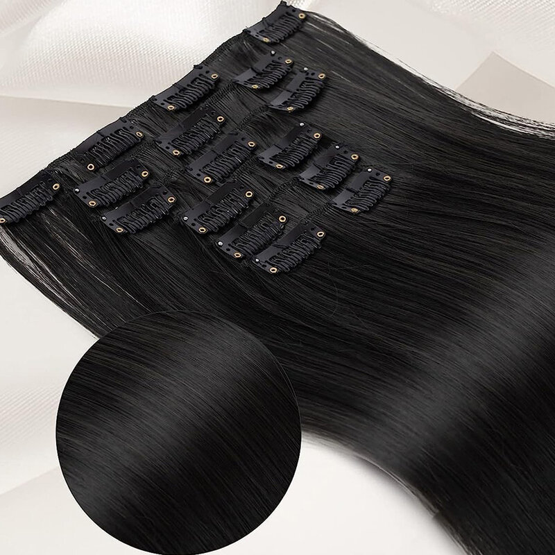 Black Hair Extensions 24"/60cm 140g 6pcs/set Women Long Straight Synthetic Full Head Clip 16 Clips Ombre Heat Resistant Fiber