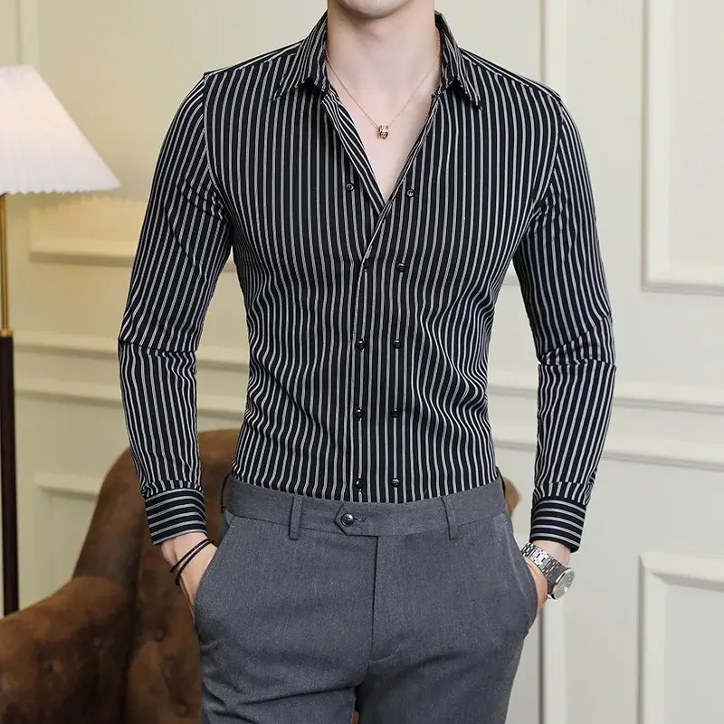 Men Double Breasted Striped Shirt 2024 Spring New Party Evening Dress Formal Shirt Long Sleeved Fashionable Casual Men Clothing