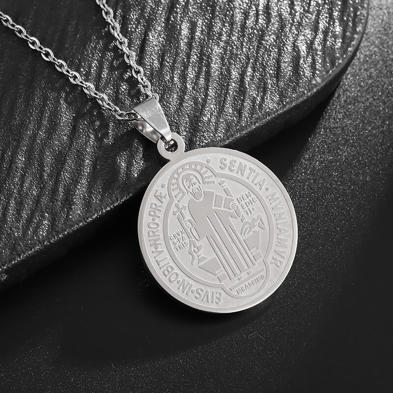 Vintage Saint Benedict Medal Pendant Stainless Steel Cross Jesus Disc Necklace Men Women Religious Amulets Jewelry Gifts