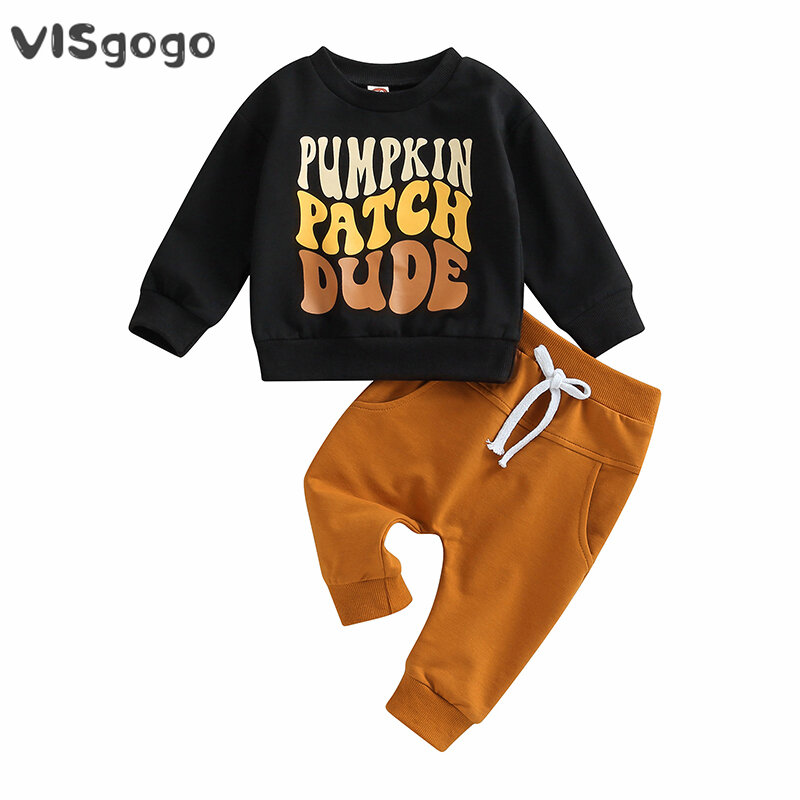 VISgogo-Camisola de manga comprida e calças elásticas para bebés, roupa de Halloween, estampa de letras, roupa de duas peças para criança, outono, inverno
