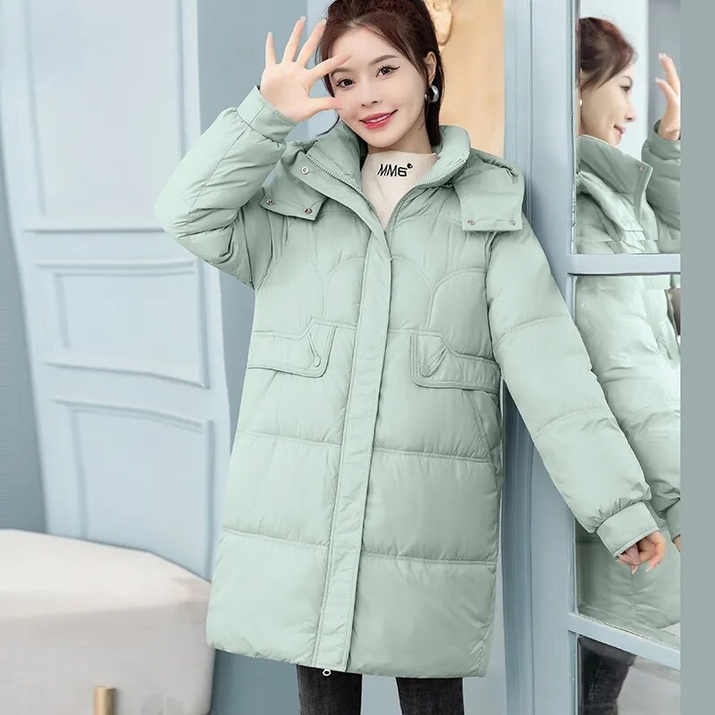 Jaqueta de algodão de comprimento médio para mulheres, casaco acolchoado solto, parkas grosso e quente, estilo coreano, novo, inverno, 2023