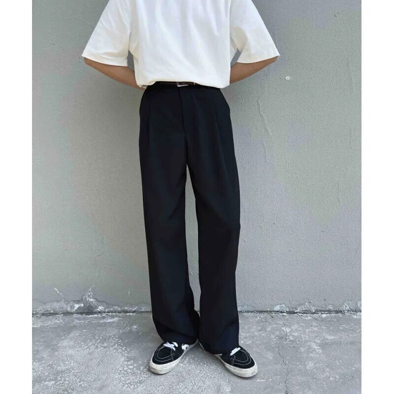 Pantalones de traje de pierna ancha para hombre, pantalón holgado y Formal de oficina, color gris y negro, moda Social coreana, M-2XL