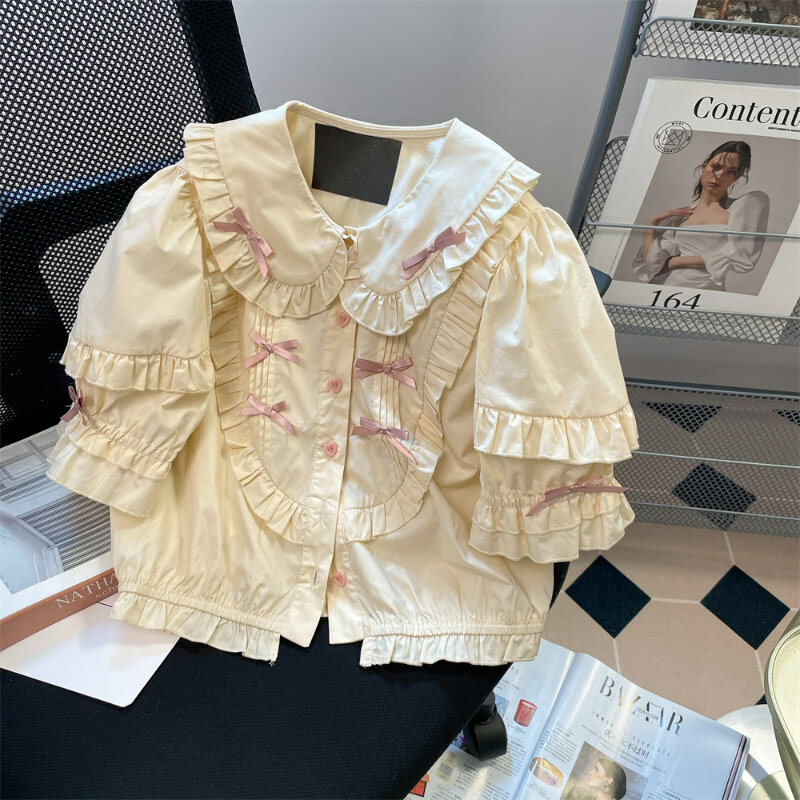 Blusas Lolita doce francesa Vintage feminina, colarinho Peter Pan, tops de manga curta, camisa de botão, laço de babados kawaii, estilo preppy, verão