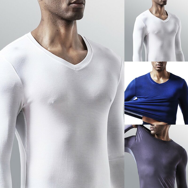 Мужская рубашка с длинным рукавом, Осень-зима, термотопы, модал, ледяной шелк, Сетчатое нижнее белье, теплая футболка с V-образным вырезом, суперэластичная футболка