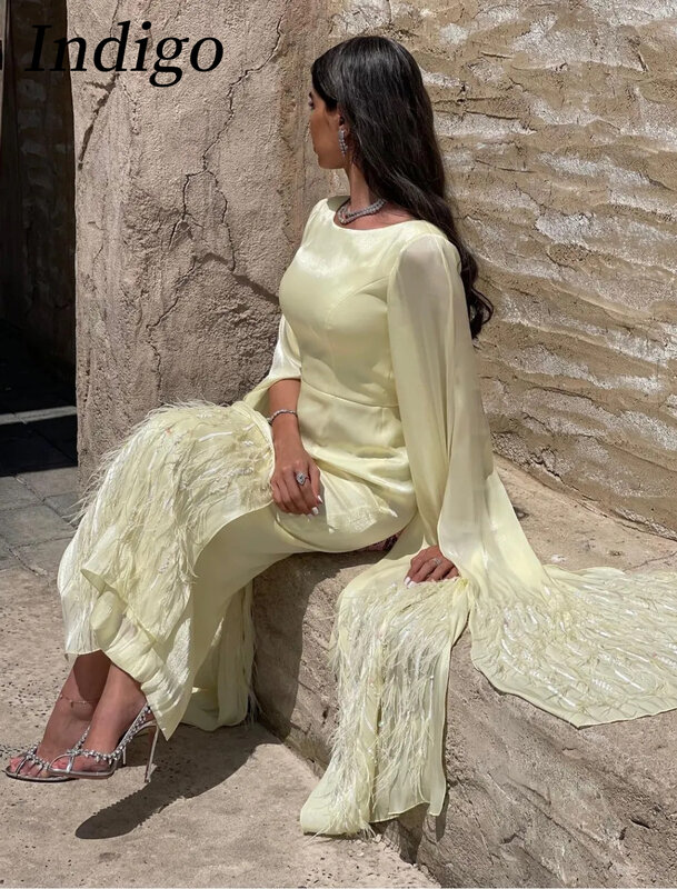 Indigo Geel Glanzend Satijn Vintage Prom Dresses Veren Enkellange Vrouwen Formele Feestjurk 2024 Saudi Arabisch فستان سهرة نسائي