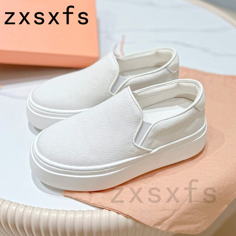 White Canvas Lace Up Flat Sneakers Women Platform Slip On Loafers Ladies Spring Flats Casual Runners Shoes For Woman Mules