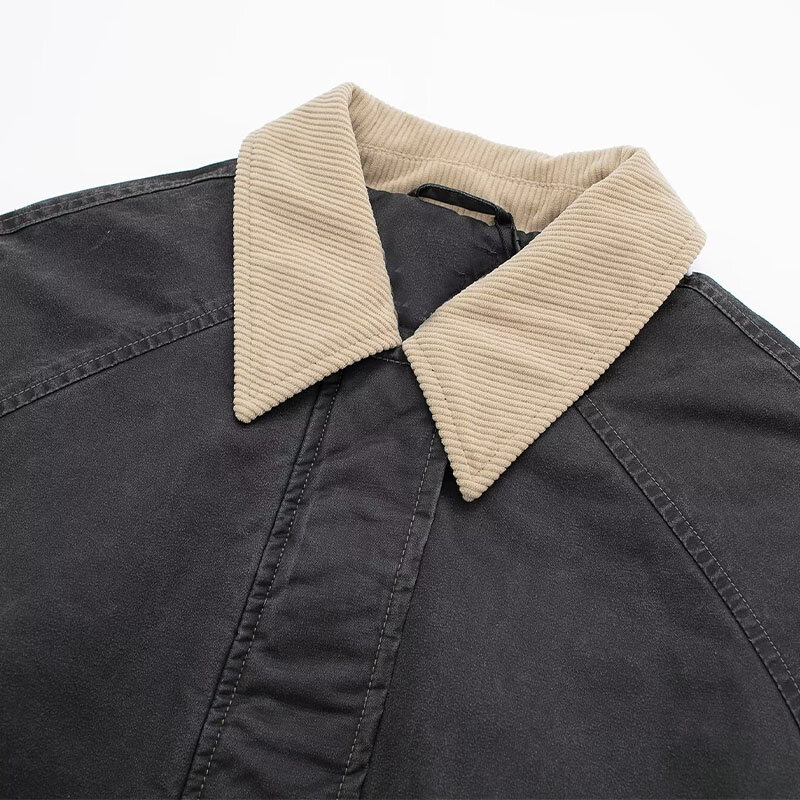 Túnica de cuero encerado con cuello de choque americano, chaqueta negra de manga larga con botones y cremallera, novedad de 2024