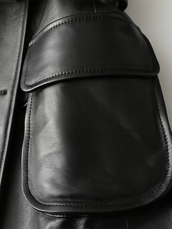 Nerazzurri-Chaqueta de piel sintética para mujer, abrigo de cuero negro con cinturón de manga raglán, doble botonadura, 5xl, 6xl, 7xl, para primavera y otoño