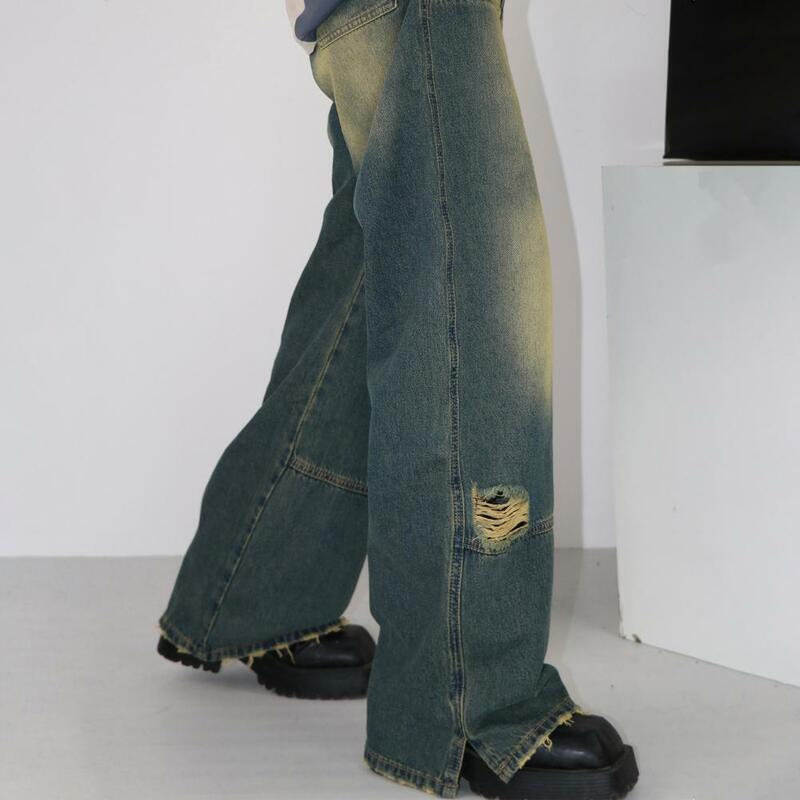 Celana Denim kaki lebar pria, Jeans Vintage Retro gaya Hop dengan lubang robek celana panjang untuk pakaian