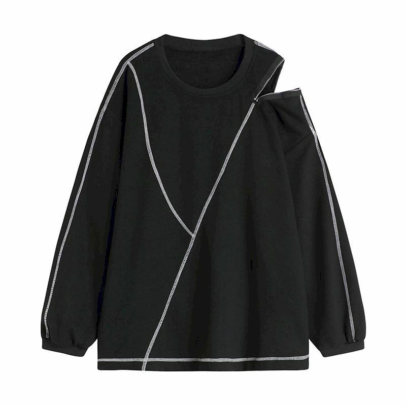 การออกแบบ Chic Pullovers ผู้หญิง Off-The-Shoulder เสื้อไม่สม่ำเสมอ2023ฤดูใบไม้ผลิฤดูร้อนบาง Pullover เกาหลีสไตล์หลวมซิปด้านบน