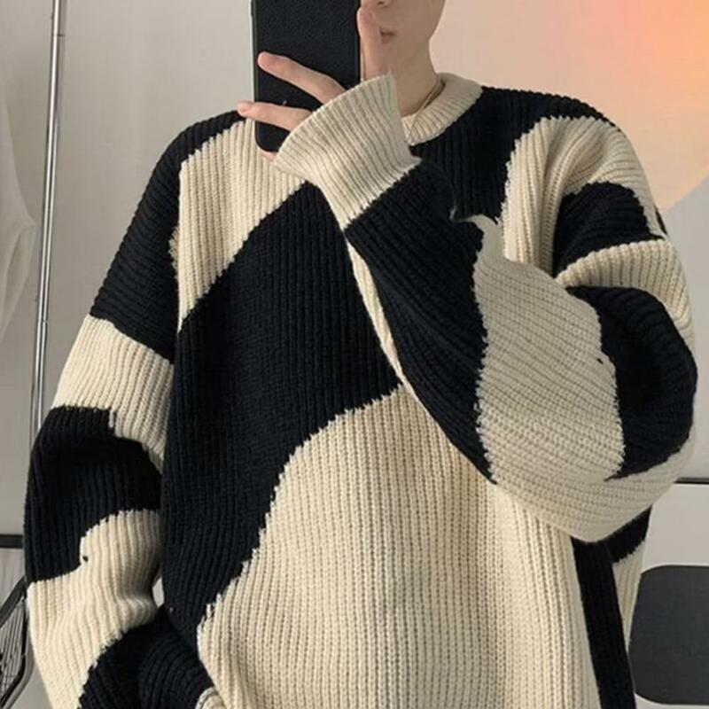 Men Polyester Sweater Vintage Cozy Men's Knitted Sweater with Soft Loose Fit Round Neck for Fall Winter Thick Elastic Pullover