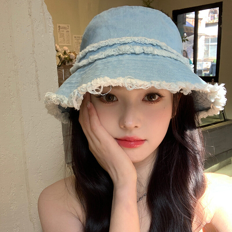 Summer Niche A Sense of Design Flash Thin Sun Protection Lovely Cowboy Hat Woman Pearl Organza Lace Bucket Hat