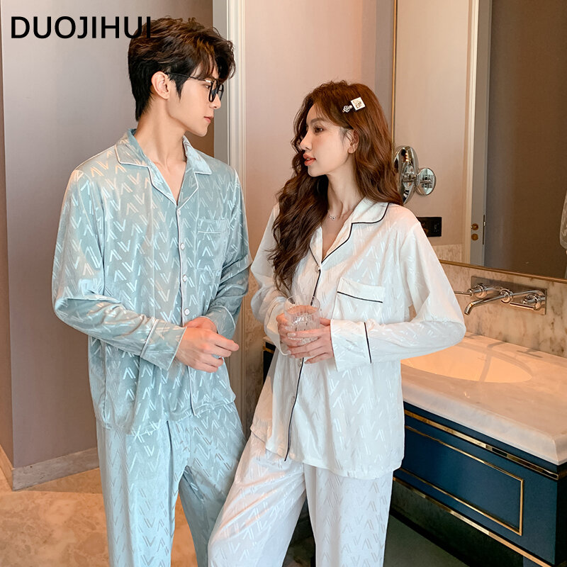 Duojihui-loose pijamas para as mulheres, cor sólida, casual, moda, solto, simples, para casal, outono, novo