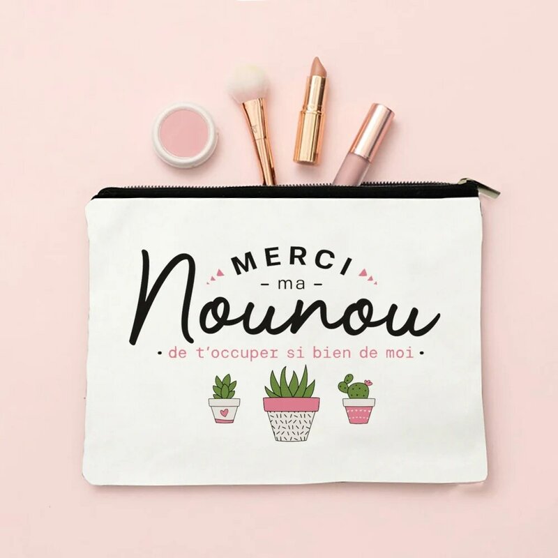 Merci Nounou Print Cosmetische Tas Vrouwen Neceser Make-Up Tassen Canvas Rits Etui Reis Toiletartikelen Organizer Bedankt Cadeau Voor Nounou