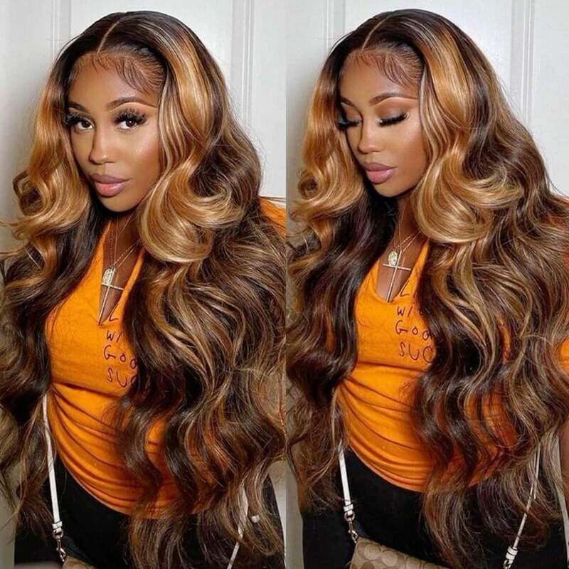 Perruque Lace Front Wig naturelle Body Wave, 13x6, balayage blond HD 4/27, 13 tage, pour femmes