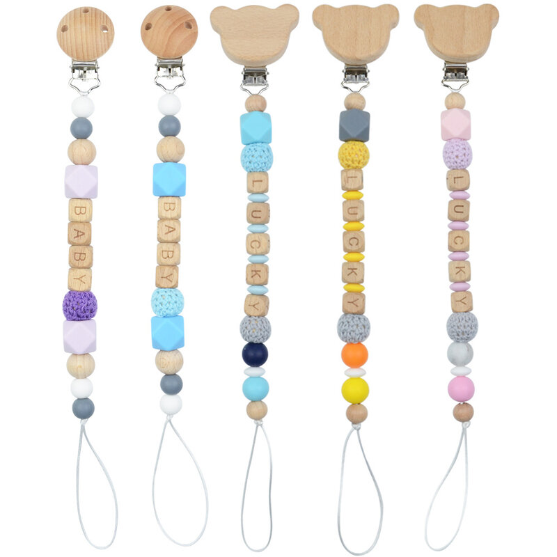 Clips de madera con nombre personalizado para chupete de bebé, soporte para pezones, cadena de Clip, juguetes de dentición, accesorios de alimentación infantil