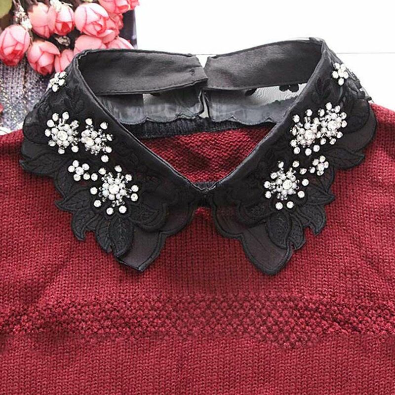 Women Detachable Flower Cotton Pearl Rhinestone Shirts Collars Fake Collar Fake Neckline Lace