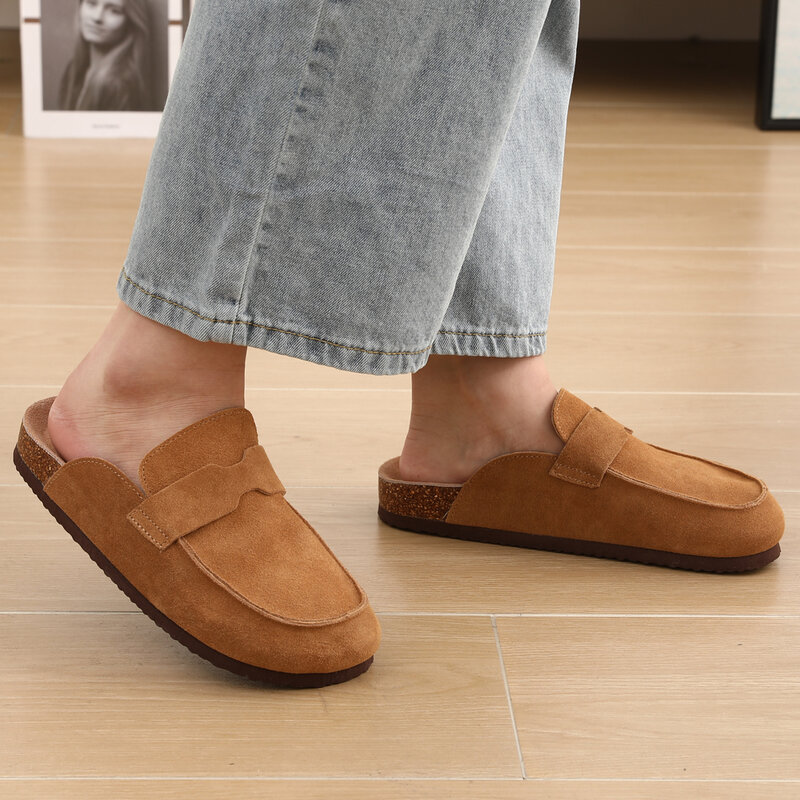 Litfun sandal jepit kulit PU wanita, sandal selop luar ruangan gabus Suede klasik untuk wanita