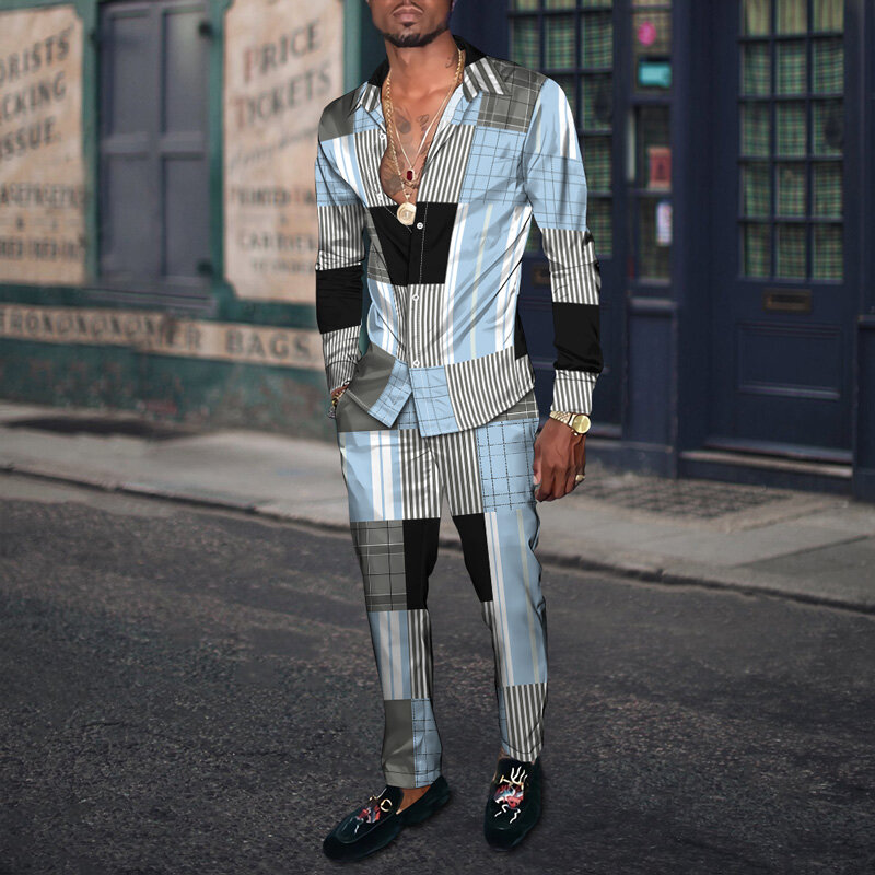 Мужской дизайнерский костюм из 2 предметов, рубашка с длинным рукавом и брюки в клетку, уличная мода, повседневная одежда, осень 2024