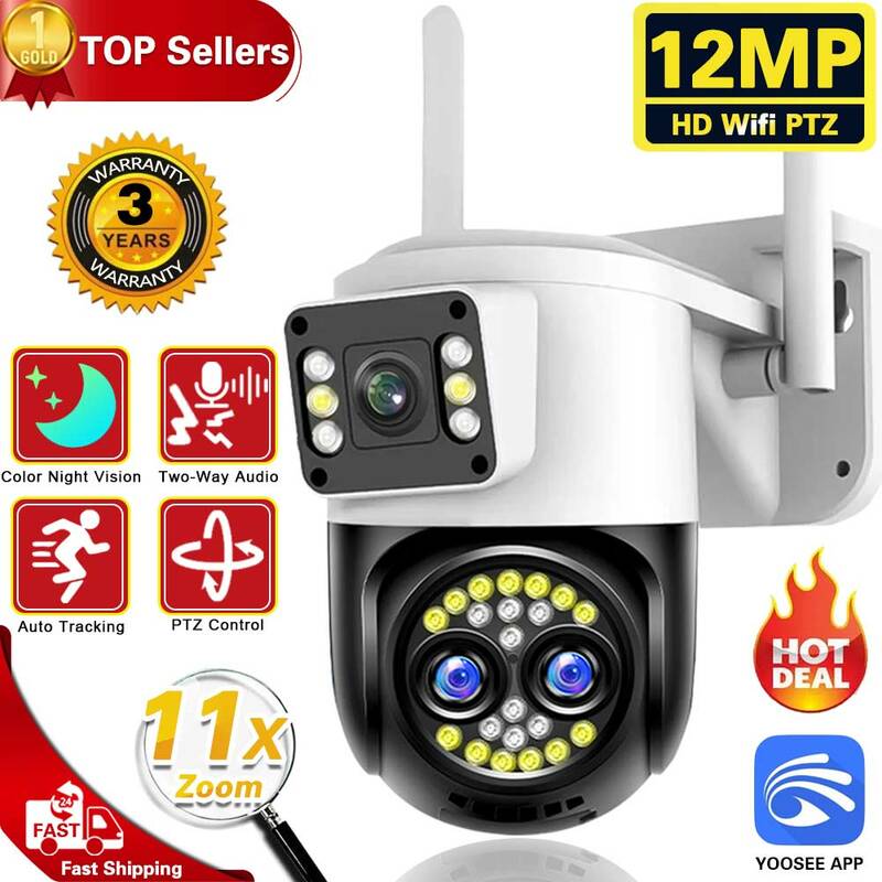 Caméra de surveillance PTZ IP WiFi HD 12MP/6K, dispositif de sécurité sans fil, étanche, avec n'aime x10, 3 objectifs, vision nocturne et détection humaine
