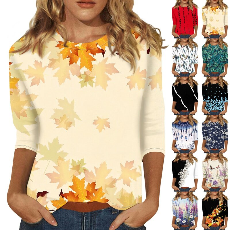 Женская летняя одежда, рубашки с рукавом 3/4 для женщин, футболки с графическим принтом, блузки, Повседневные базовые Топы, пуловер, 2024 Топ для женщин
