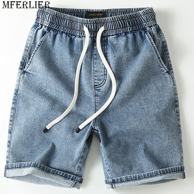 Denim Shorts Men Blue Jeans Shorts Fashion Casual Solid Color Jeans Shorts Male Elastic Waist Short Pants Summer