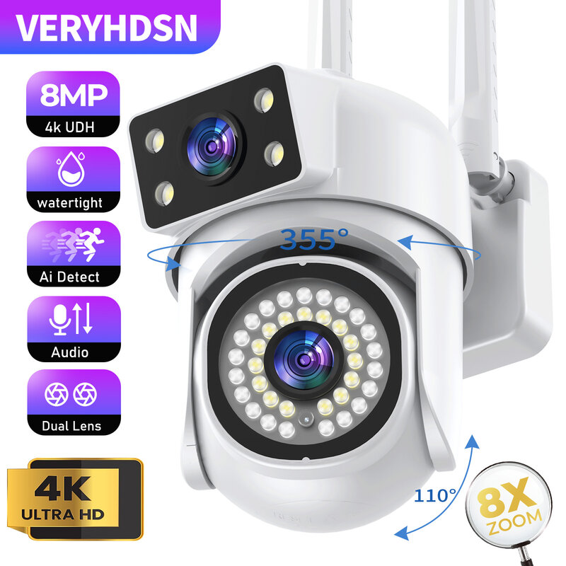 Veryhdsn-câmera de vigilância ao ar livre, ptz, wi-fi, duplo, detecção humana, rastreamento automático, impermeável, visão noturna, 8mp, 4k